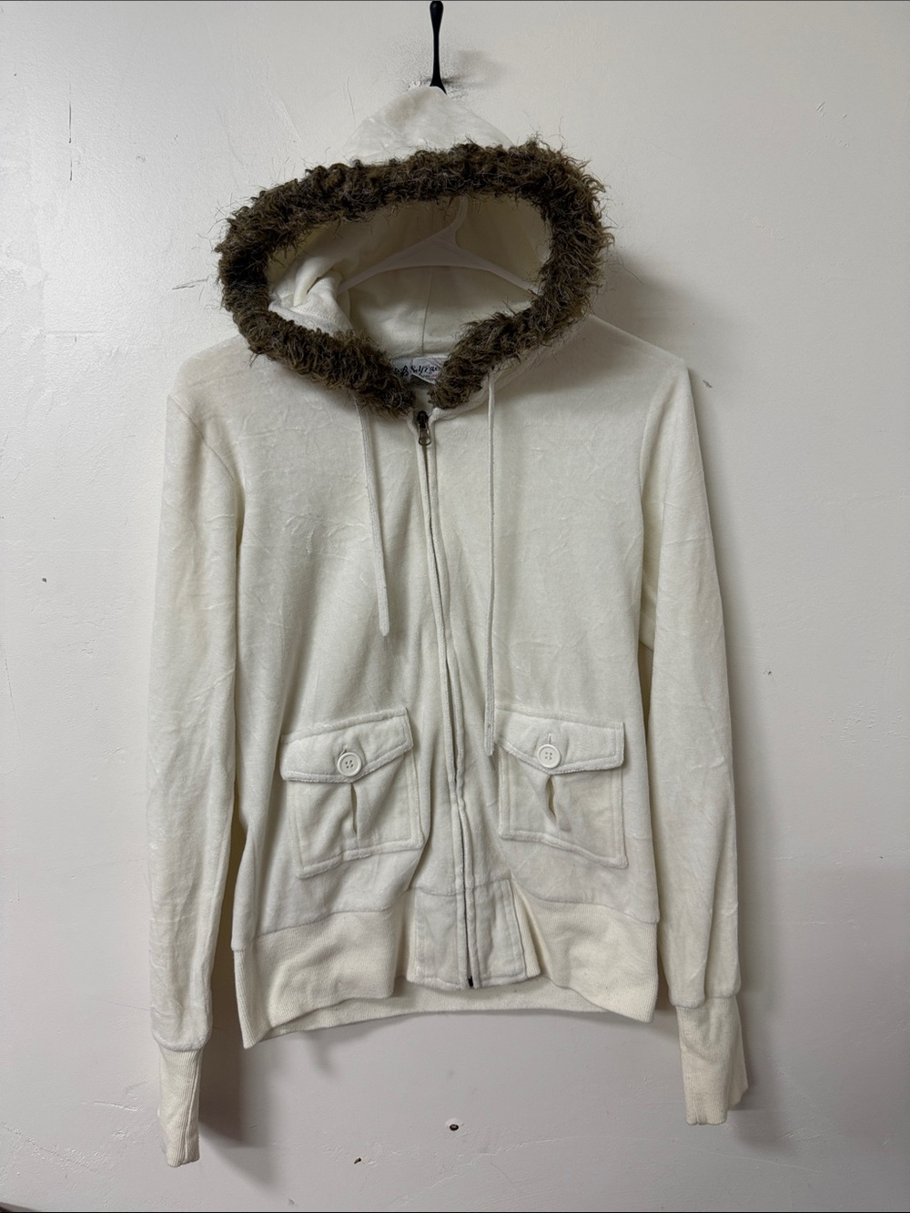 Self Esteem Cream Hooded Zip Jacket with Faux-Fur Trim Y2K